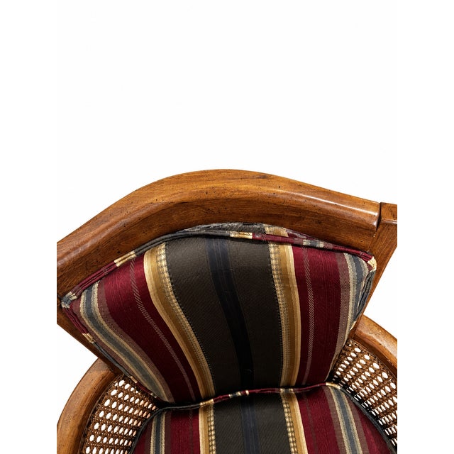 Vintage French Provincial Cane and Striped Upholstered Armchairs — Pair For Sale - Image 10 of 11
