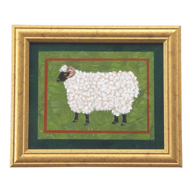 Sheep Ram Black Face Folk Art Minimalism Americana White Green Original Oil Painting by Cleo Plowden For Sale