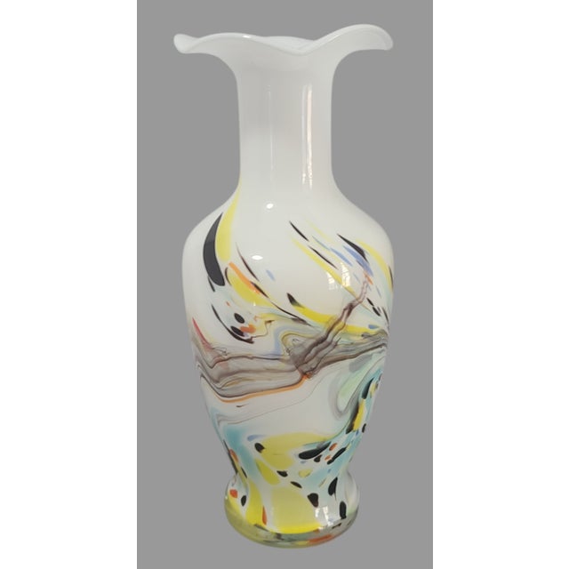 Discover a splash of color and creativity with this Vintage Murano Attributed Multi-Color Art Glass Scalloped Edge Hand-...