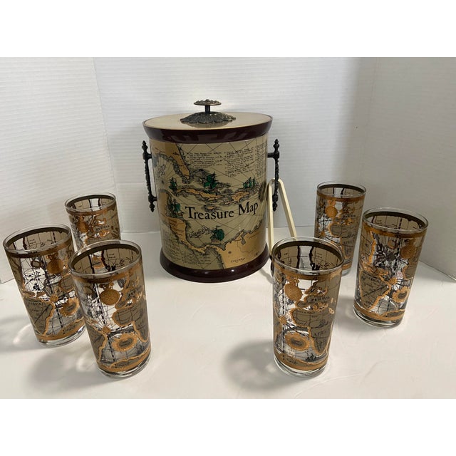 Mid-Century Cera 22kt Gold Leaf World Atlas Maps High Ball Glasses / Ice Bucket- 8 Pieces For Sale - Image 9 of 10
