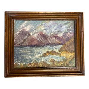 1970’s Original Impressionist Rocky Beach With Mountains Seascape Panting