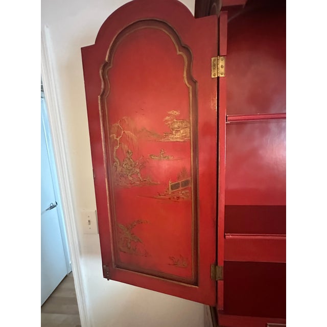 Vintage Red Chinoiserie Secretary Desk With Hand-Painted Gilt Asian Landscapes & Double Bonnet Top For Sale - Image 4 of 15