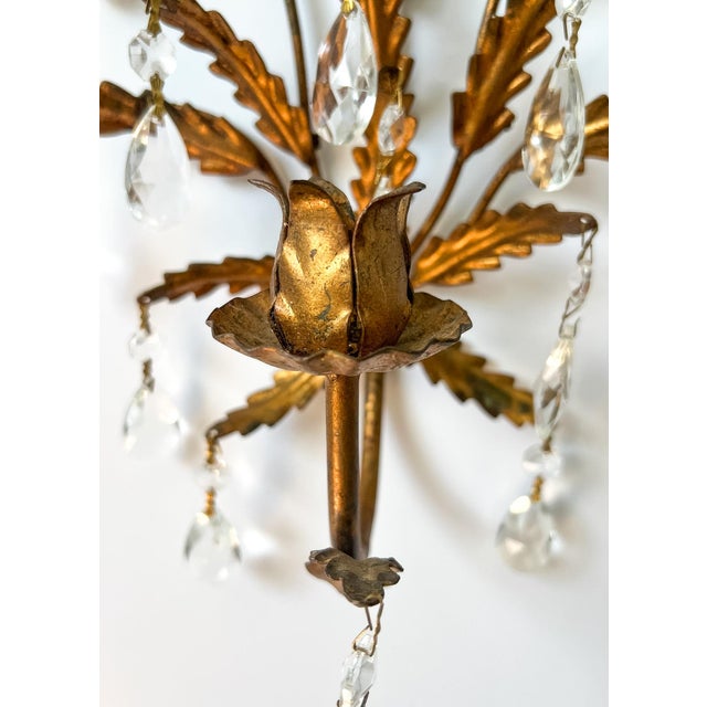 Mid Century Italian Gold Gilt Tole & Crystal Wall Sconces — Hollywood Regency / Italian Florentine Style For Sale - Image 11 of 11