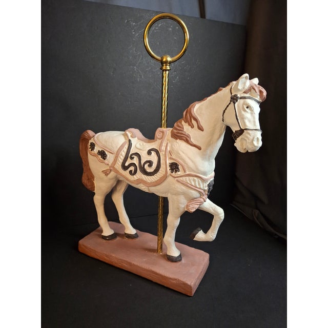 Vintage 1983 Austin Sculpture Carousel Horse Durastone Statue Brass Pole Ring Base 15" For Sale - Image 9 of 14