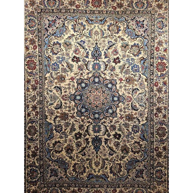 Vintage Tabriz Area Rug, Handwoven Wool, Floral Pattern, Ivory & Blue, 6’ X 8’ For Sale - Image 9 of 12