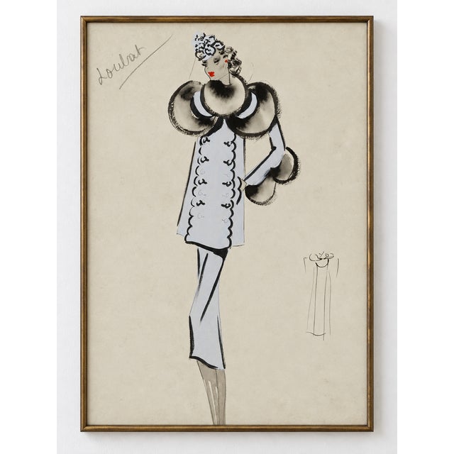 This vintage French fashion art print reproduction features a woman in a pale blue ensemble with dramatic gray fur trim,...
