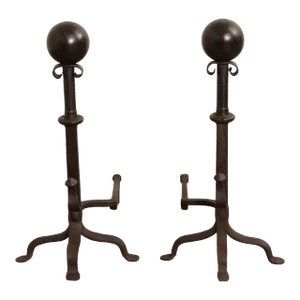 Arts & Crafts Pair of Heavy Iron Fireplace Andirons