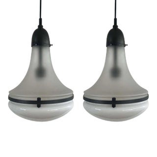 Pair of Vintage Art Deco Pendant Brass Hanging Light Milk Glass Shade For Sale