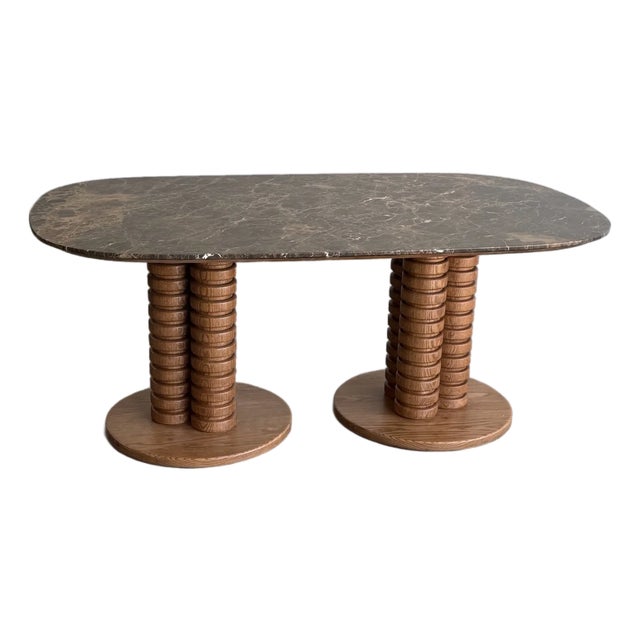 Vintage Marble Top With Sculptural Oak Base For Sale