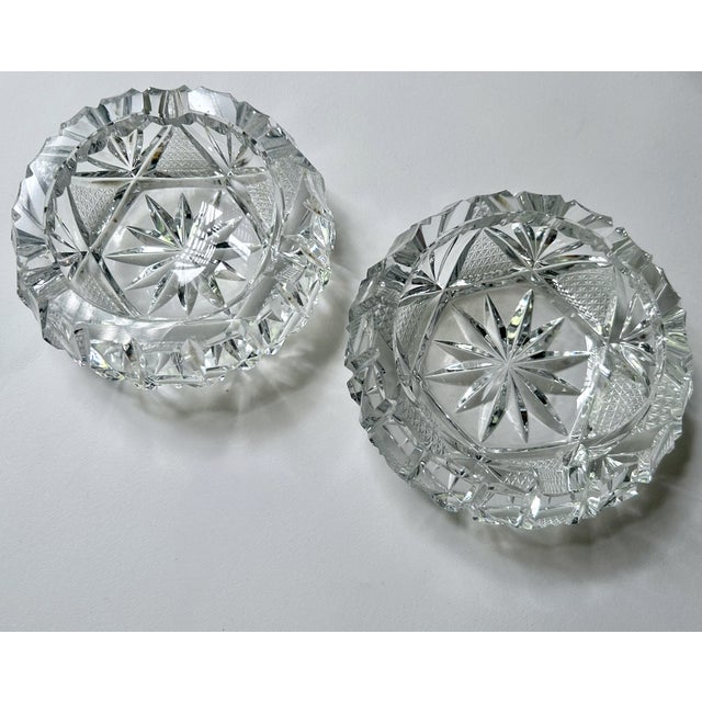 Metal Vintage Pair of Bohemian Clear Cut Lead Crystal Ashtrays For Sale - Image 7 of 16