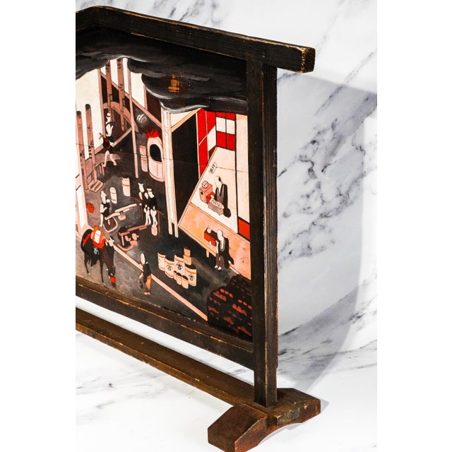 Incredible Antique Japanese Hand Painted Tsuitate Wood Table Screen Traditional Sake Brewery Scene Japan Asian Home Decor For Sale - Image 12 of 16