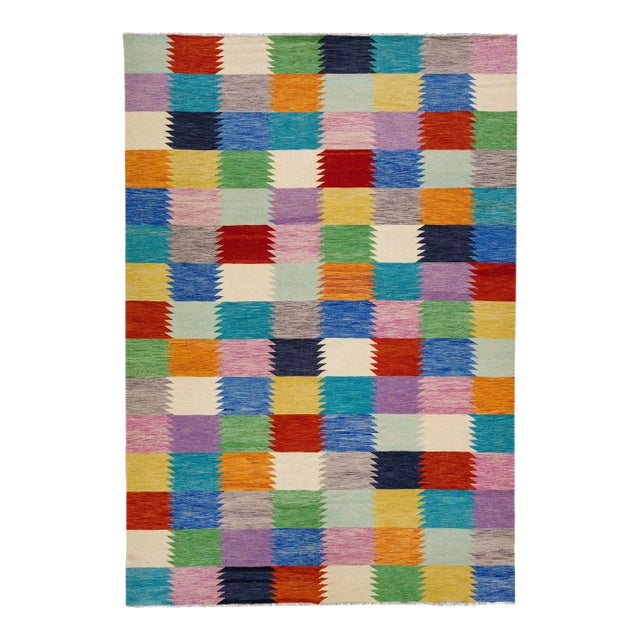 Multicolor Geometric Modern Flatweave Kilim Wool Rug For Sale