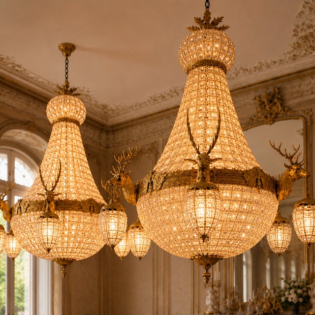 An impressive pair of 1960 French Louis XVI Rococo-style chandeliers, handcrafted in gilt bronze and designed on a grand...