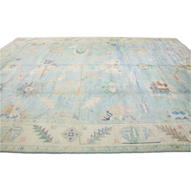 2010s Modern Turkish Oushak Blue Handmade Floral Oversize Wool Rug For Sale - Image 5 of 11