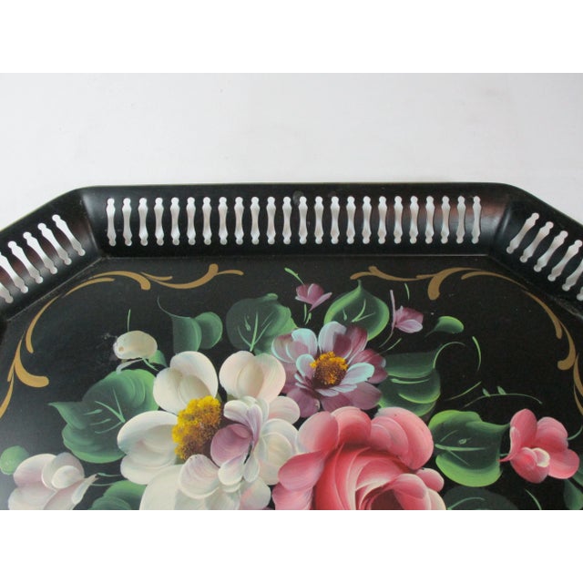 Shabby Chic Vintage Hand Painted Floral Reticulated Tole Tray For Sale - Image 3 of 9