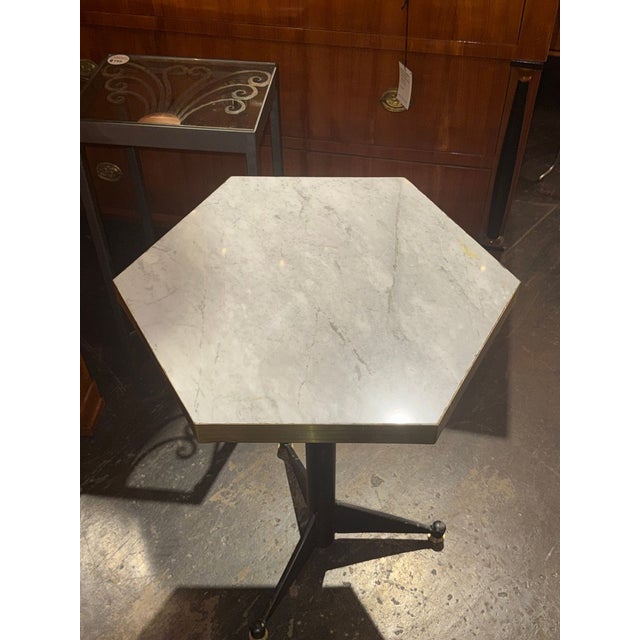 Modern Pair of Italian Modern Black Steel and Marble Hex Tables For Sale - Image 3 of 5