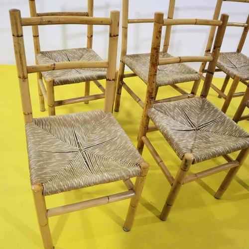 Set of Six Bamboo Chairs with Woven Straw Seats