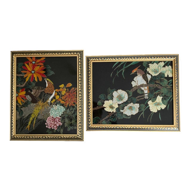 Vintage Lava Stone Cloisonné Painting Pair, Gold Wire Inlay With Birds & Floral For Sale
