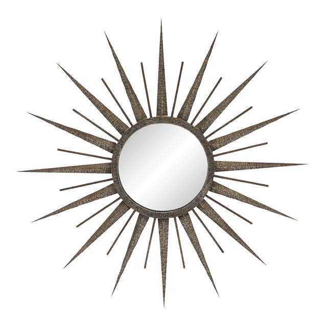 French Mid-Century Modern Hand-Hammered Metal Sunburst Mirror, Circa 1960 For Sale