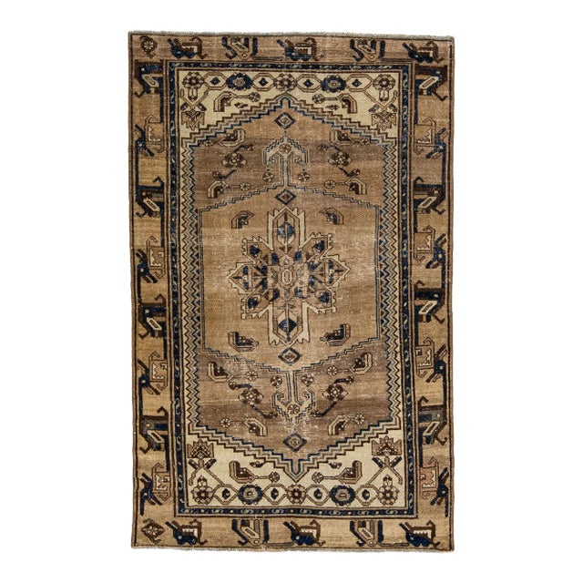 Mid 20th Century Vintage Persian Distressed Brown Handmade Medallion Wool Rug For Sale