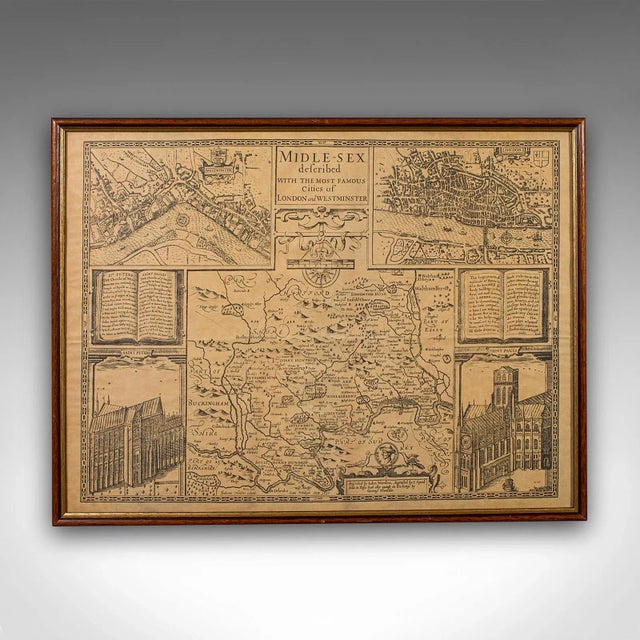This is a vintage county map of Middlesex. An English, framed reproduction of the 16th century original by John Norden,...