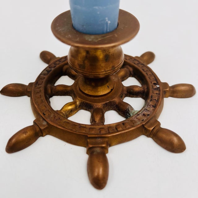 Late 20th Century Vintage Brass Nautical Ship's Wheel Candlestick Holders - Set of Two For Sale - Image 5 of 11