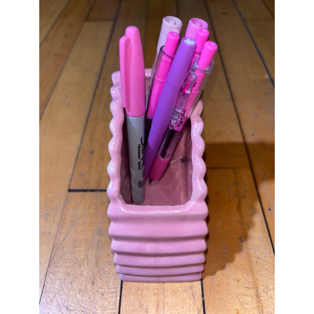 Vintage MCM Pink Ceramic Fan Vase Planter For Sale - Image 9 of 14