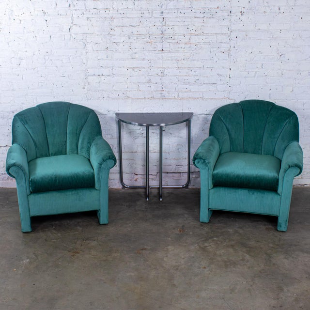 1980’s Art Deco Revival Hollywood Regency Channeled Fan Back Club Chairs W/Teal Chenille Fabric by Perfection Furniture, a Pair For Sale - Image 18 of 18