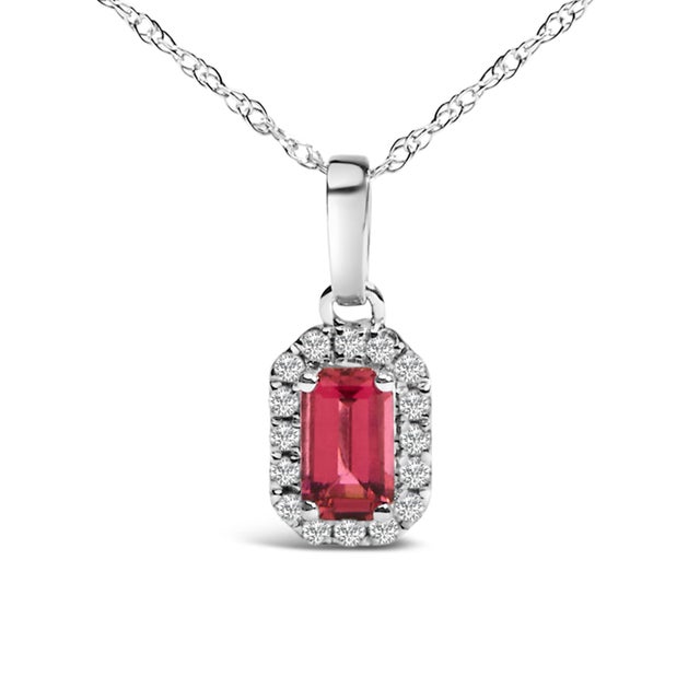 Contemporary 10K White Gold 5x3mm Pink Tourmaline and Diamond Accent Halo Octagonal Shape 18" Pendant Necklace (I-J Color, I1-I2 Clarity) For Sale - Image 3 of 5