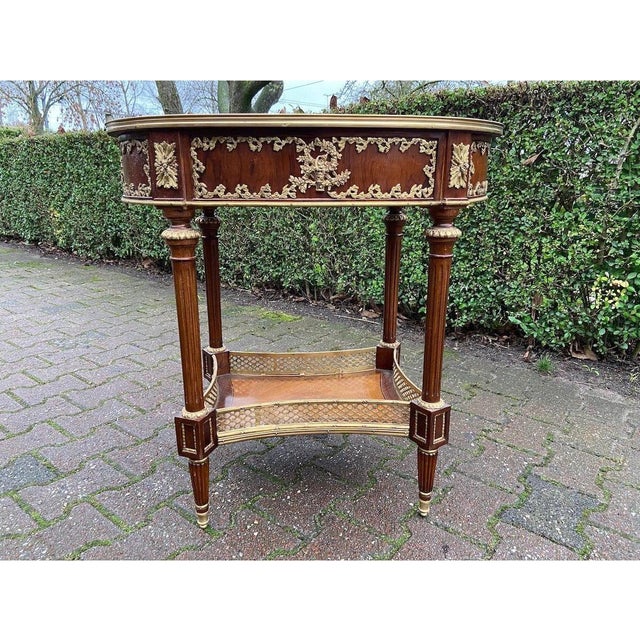 Brown Late 20th French Louis XVI Mahogany Marble Bronze Side Table For Sale - Image 8 of 13