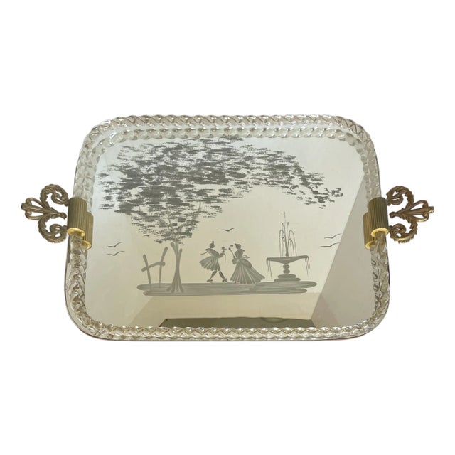 Vintage Murano Italy Venetian Glass Rope Romantic Mirror Serving Vanity Tray For Sale