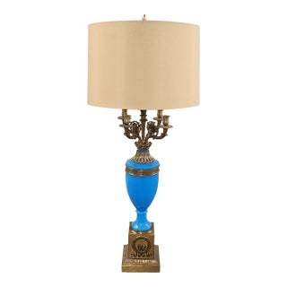 Antique French Blue Opaline Glass & Bronze Candelabra Table Lamp For Sale