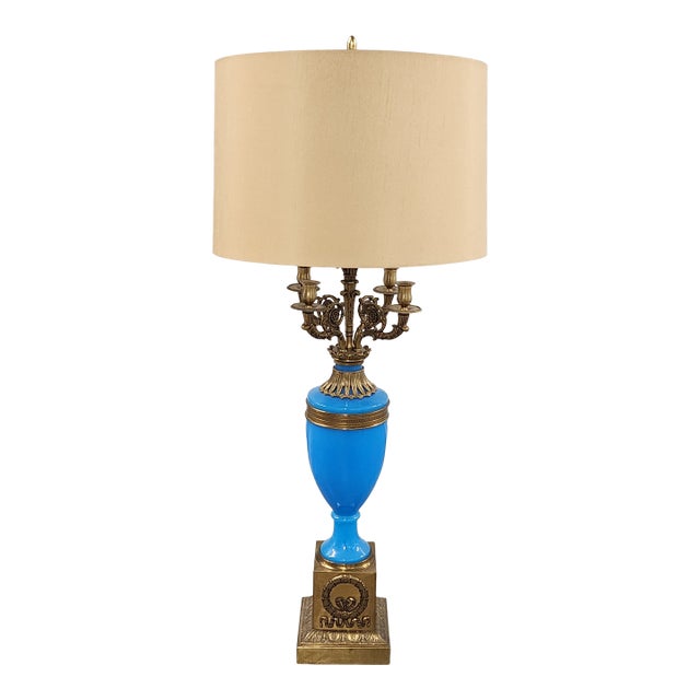 Antique French Blue Opaline Glass & Bronze Candelabra Table Lamp For Sale