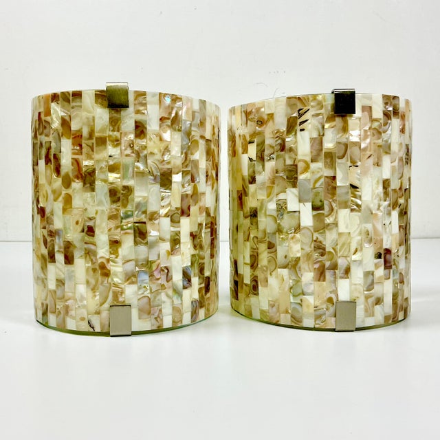 Boho Chic 1980s Vintage Boho Chic Coastal Capiz Shell Mosaic Chips on Arched Glass Wall Sconces - A Pair For Sale - Image 3 of 14