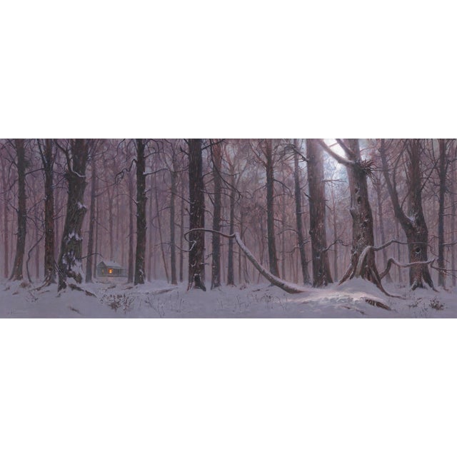 Home Sweet Home by Mark Harrison | Oil on Canvas Winter scene with a cabin in a snowy forest. For Sale