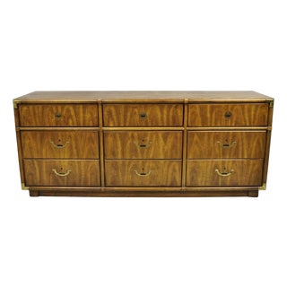 Vintage Drexel Accolade Campaign Style Pecan 9 Drawer Credenza Dresser Chest For Sale
