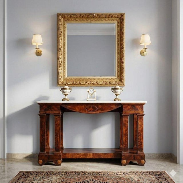 Empire console table in mahogany and mahogany crotch. White marble top supported by two pairs of square columns resting on...