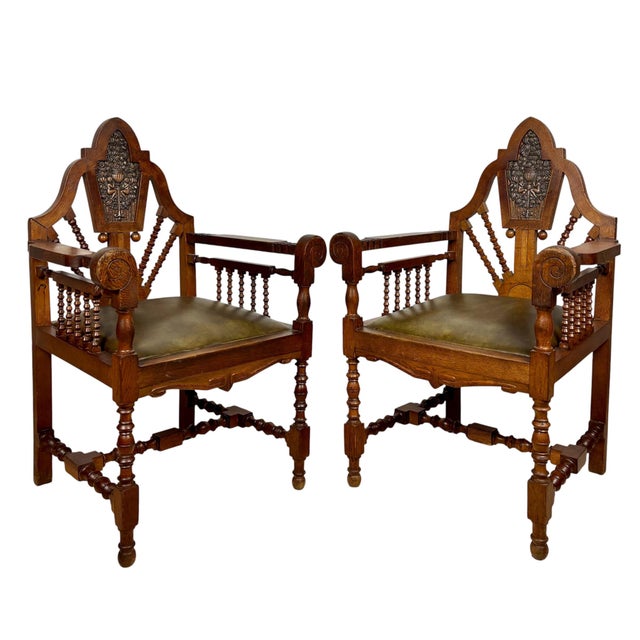 Spanish Revival Armchairs with Carved Crest, 1920s, Set of 2 For Sale - Image 11 of 11