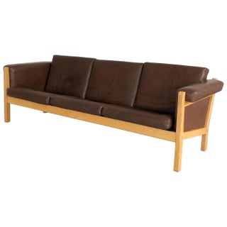 Danish Three-Seat Sofa in Oak and Brown Leather by Hans J. Wegner for Getama, 1960s For Sale
