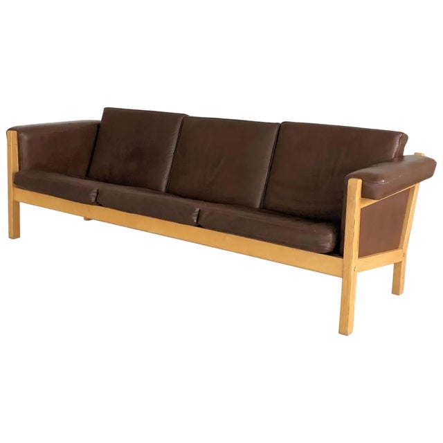 Danish Three-Seat Sofa in Oak and Brown Leather by Hans J. Wegner for Getama, 1960s For Sale
