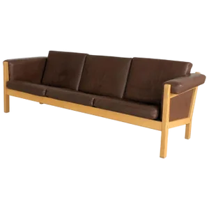 Danish Three-Seat Sofa in Oak and Brown Leather by Hans J. Wegner for Getama, 1960s