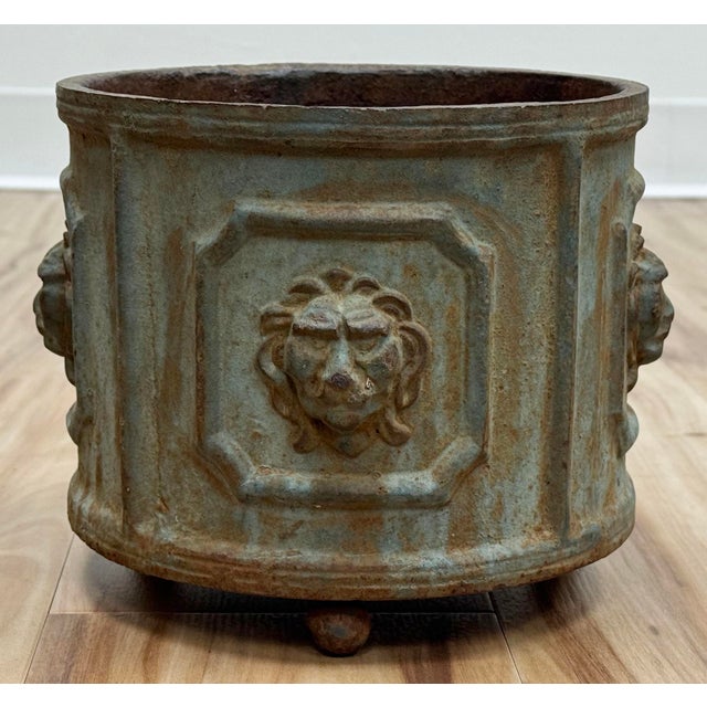 Metal Antique Cast Iron Lion Head Planter For Sale - Image 7 of 11