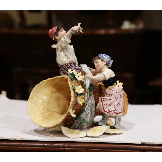 Early 20th Century French Painted Porcelain Barbotine Vase With Children Figures For Sale - Image 11 of 11