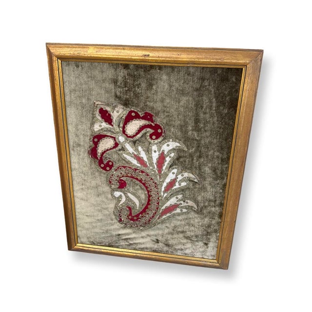 Antique Italian Pair of Flowers Embroideries with details of metal fabric on silk velvet and gilded wood frames.