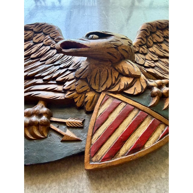 Wood 1950s Folk Art Mid-Century Artistic Carving Co. Louisburg Wood Eagle Plaque Bellamy Style Americana Wall Sculpture For Sale - Image 7 of 16