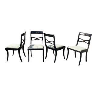 Mid 20th Century Vintage Chinoiserie Black Painted Asian Regency Style Dining Chairs - Set of 4 For Sale