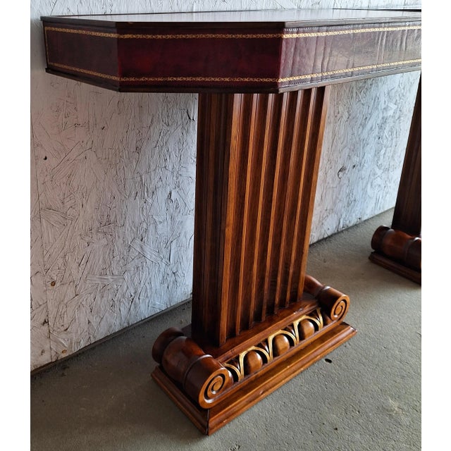 1950s 1950s Pair Of Mahogany and Tooled Leather John Stuart Pier / Side Tables For Sale - Image 5 of 12