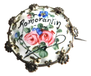 Romorantin, France Antique Sterling and French Enamel Floral Brooch Pin
