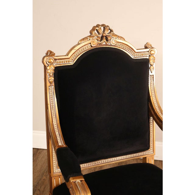 French Louis XVI Style Giltwood Armchair With Black Upholstery For Sale - Image 3 of 18