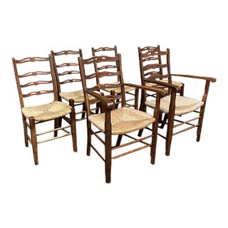 Set of 6 Country French Dining Chairs With Rush Seats Includes 2 Armchairs For Sale